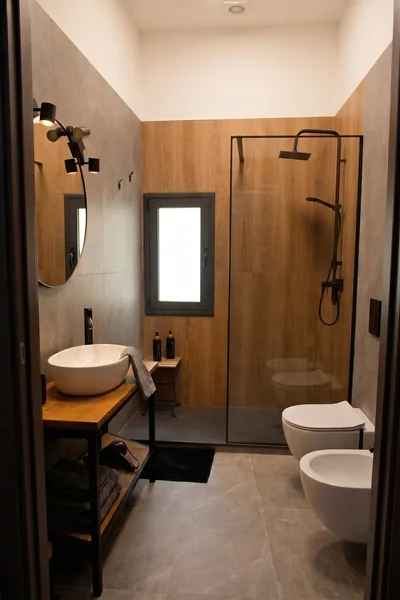 Il bagno con la doccia, il lavabo e la finestra